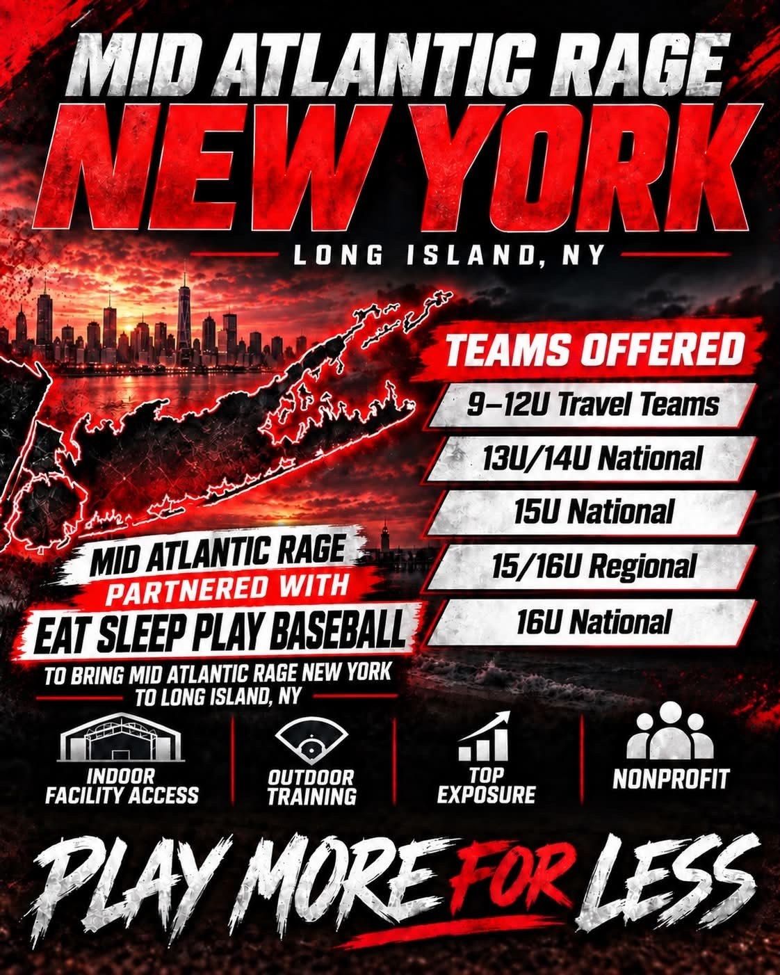 Mid Atlantic Rage New York recruiting flyer: teams offered and program highlights